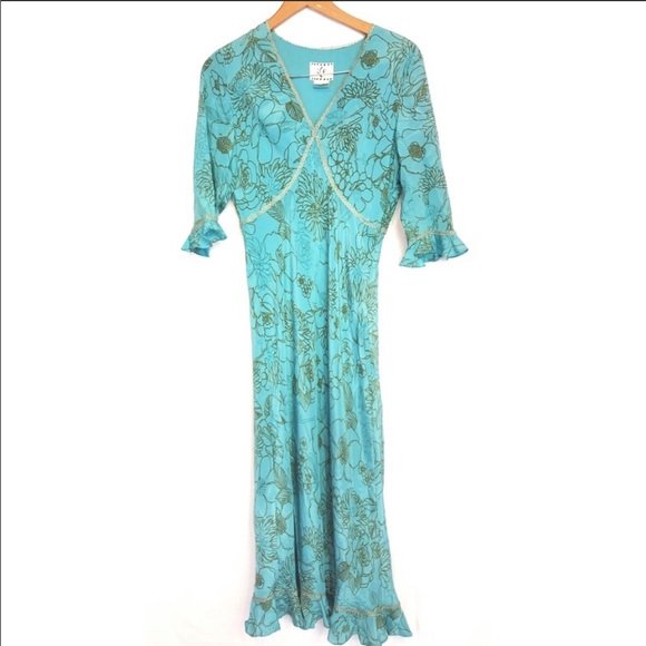 Ice Dresses & Skirts - Ice 6 teal floral midi boho vintage 90s dress blue